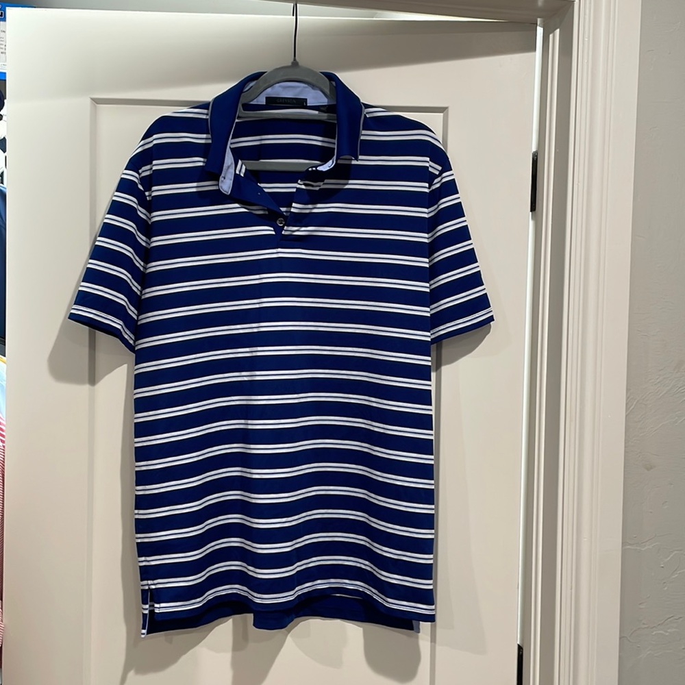 Mens Greyson Blue and White Striped Polo. L